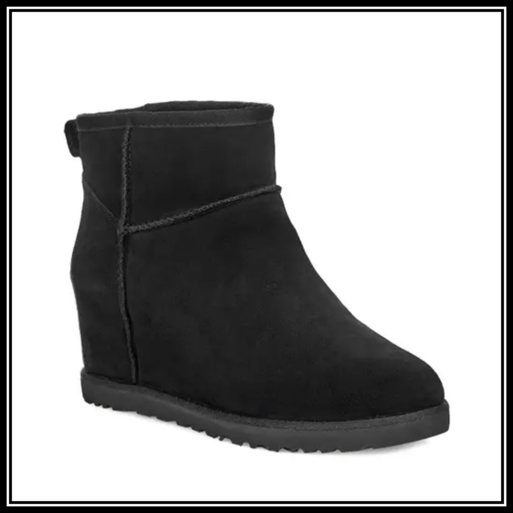 NIB UGG Classic Femme Mini Boot, Black, size 8 Wedge Boot, NEW